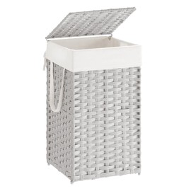 SONGMICS Laundry Hamper with Lid, 17.2 Gallon (65 L) Synthetic Rattan Clothes Laundry Basket with Lid and Handles, Foldable, Removable Liner, Cloud White ULCB165W01