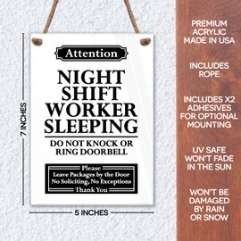 Acrylic Night Shift Worker Sleeping Door Sign, 5x7 Day Sleeper Sign for Front Door, Premium Do Not Disturb Sleep Signs, Do Not Knock or Ring Doorbell, No Soliciting Signs for House, White Made in USA