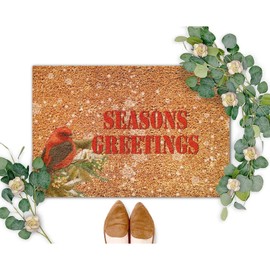 SILYHEART Seasons Greeting Coir Doormat Winter Mistletoe Bird Nut Rug Christmas is Coming Funny Weather Resistant Non Slip Mat for Outside Porch Entrance Farmhouse 16x24in