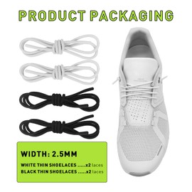 NDTEZUGT 2 Paare Elastische dünne Schnürsenkel für Running Schuhe, 2.5mm dehnbare runde ohne binden Gummi Schuhbänder als Ersatz für Turnschuhe, Elastic Shoe Laces (Black+White, 26''/65cm)