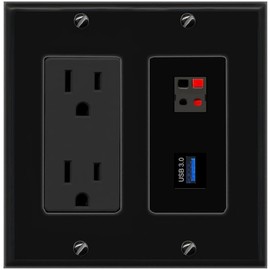 RiteAV 15A Power Outlet 1 Port SPEAKER 1 USB-3 Jack Decorative Wall Plate [Black]