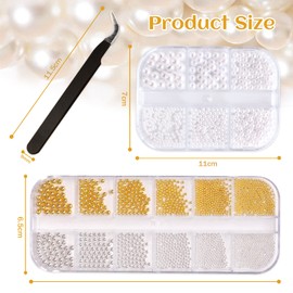IOSPKKIO® Pack of 2 Nail Art Beads Flat Back Beads Nail Charms Gold Silver Nail Art Supplies Design Nail Accessories Rhinestone Mixed Various Sizes with Tweezers