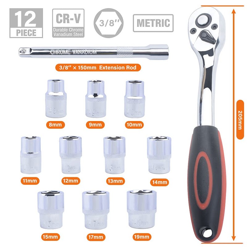 XYZDOUBLE 12-Piece Socket Spanner Set with 3/8 Inch Ratchet 8