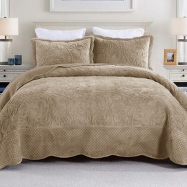 MarCielo Embroidered Velvet Quilt Set with 2 Pillow Shams,Soft Oversized Bedspread Coverlet Quilted Bedding for All Season(Camel,King(110" X 98"))