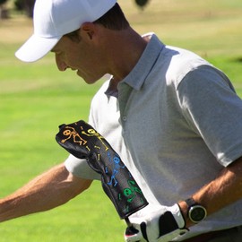 Big Teeth Golf Club Head covers Hybrid Utility Rescue with Interchangeable Number Tag 23456 UT Balck PU Leather Colorful Skull Pattern Elastic Closure