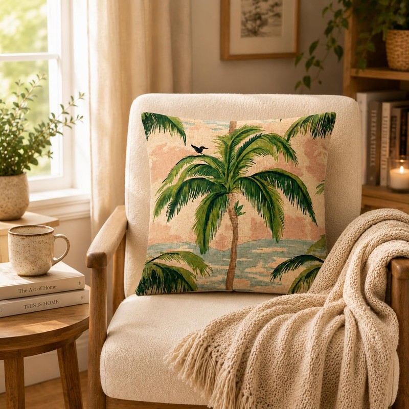 Retro Palm Tree Throw Pillow Cover 24x24 Inch Tropical Cushion