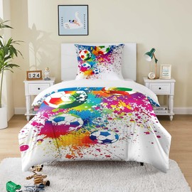 MUSOLEI Football Bed Linen 135 x 200 cm Boys Children's Bed Linen Football Microfibre Polyester 3D Print for Boys Duvet Cover and 1 Pillowcase 80 x 80 cm for Children, Colourful