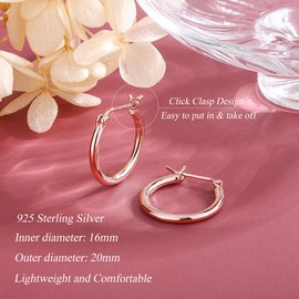 Loutade Silver Hoop Earrings for Women, 925 Sterling Silver Huggie Hoop Earrings Set, Hypoallergenic Rose Gold Sleeper Huggie Earrings, Lightweight Rose Gold 16mm Hoop Earrings for Xmas Birthday