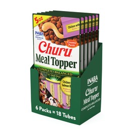 INABA Churu Meal Topper for Dogs, Complete & Balanced, Creamy, Lickable Purée Dog Food Toppers, 1.69 Ounce Tube, 18 Tubes (3 per Pack), Chicken with Salmon Recipe