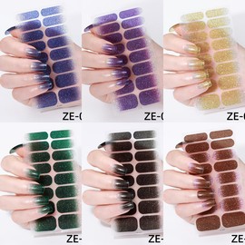 KTAABTR 6 Sheets Glitter Glossy Gel Nail Wraps Stickers Decals Waterproof Self Adhesive Design Gel Nail Polish Strips Purple Yellow Green Nail Stickers for Women DIY Nails Decoration Accessories