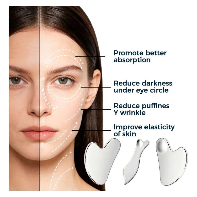 Kit 3 Piezas Guasha Facial Acero Inoxidable Masajes Cuello