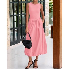 BTFBM Women's 2025 Summer Casual Sleeveless Midi Dress Patchwork Knit Tank Bubble Long Flowy Beach Maxi Sundress Pockets(Pink, XX-Large)