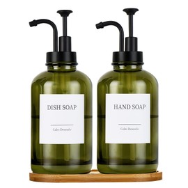 Glass Soap Dispenser with Pump, Dish and Hand Soap Dispenser for Kitchen Bathroom Set, Clear Glass Dispenser Set of 2 Pack with 18 Stickers Funnel Bamboo Tray 500ml 18oz Green