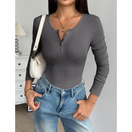 Zeagoo Long Sleeve Ribbed Shirts for Women Casual Button Crew Neck Top Ribbed Basic Business Work Tee Deep Grey