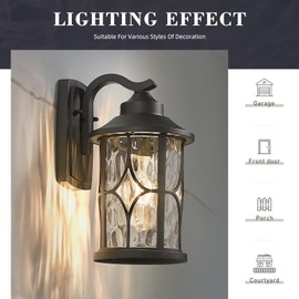 zeyu 2 Pack Patio Wall Light Fixture, 12 Inch Outdoor Modern Wall Lights, Die-Cast Aluminum, Black Finish with Water Ripple Glass, ZX48BWG-2PK BK