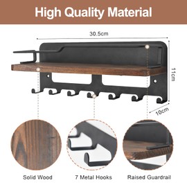 Key Holder with Shelf, Wooden Key Holder, Black, Decorative Key Holder with 7 Key Hooks, Wall Shelf Wood for Key Holder, Organiser for Entrance, Hallway, Bedroom, Living Room