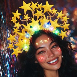 CAKURE Light Up Star Headband LED Gold Headpieces Glowing Hairband Birthday Party Costume Headwear Hair Accessories for Women (Gold)