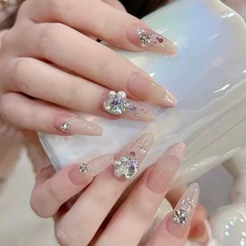 C.Z.Z.T.T.NAILS Press-On Nails, 24 Pieces, Almond Shape, Pink French Style with Crystal Rhinestones and Glitter