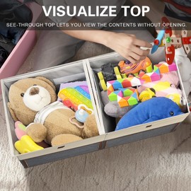 HISULIV 2 Pack Large Toy Storage Box with Clear Lids Collapsible Toys Chest Organizer Bin Basket with Adjustable Dividers for Kids Boys Girls Living Room Nursery Playroom Closet Beige and Grey
