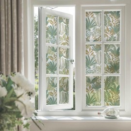 Fiula Window Film, Green Leaf Pattern, Frosted Textured Masking Protective, Heat Control Sun Blocking Glass Window Film for Bathroom Front Door 17.3" x 78.7"