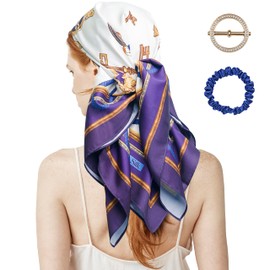 Annika Silk Silk Scarf for Women Elegantly Designed Lightweight 35'' x 35'' Hair Scarf for Sleeping with Hand Seam Silk Scrunchie and Scarf Ring (Navy Blue)