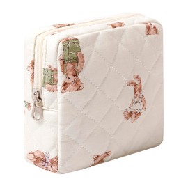 Dalulu Small Cotton Makeup Bag for Purse Cosmetic Bag with Compartments, Aesthetic Travel Toiletry Pouch Key Pocket Lipstick Card Holder Organizer Sanitary Napkin Storage Bag (Bear)