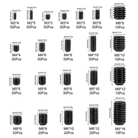 Hakkin 666PCS Cup-Point Screws Assortment Kit, 22 Sizes M2/3/4/5/6/8 Set Screw Set, 12.9 Class Carbon Steel Internal Hex Drive Screws Grub Screw Bolts Assortment Kit with 6pcs Hex Wrenche (Black)