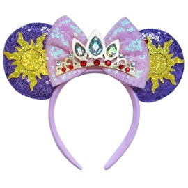 FUGUIZHU Mouse Ear Headband,Rapunzel Princess Ear Hairband,Sun Crown Glitter Sequin Bow Ears for Women Adult Cosplay Costume Birthday Party Decorations Favor Shiny Hair Accessory-163