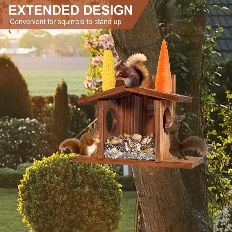 Squirrel Feeder, Wooden Hanging Feeding Station with 2 Entrances and