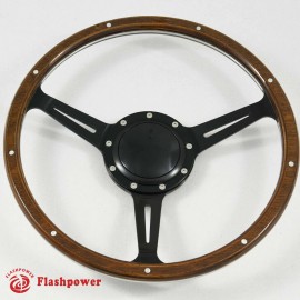 FLASHPOWER 14" Black Wood Steering Wheel Jaguar MG GT MGB Midget W/Horn
