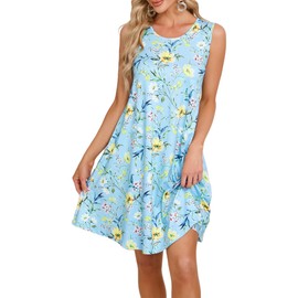 ENMAIN Blue Sundresses for Women Summer Casual Sleeveless Dresses Swing Loose Floral Cover up Beach Tank Dress with Pockets