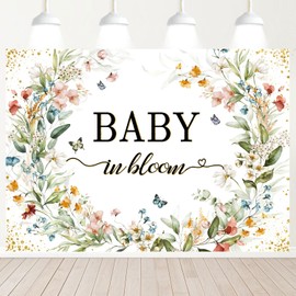 InMemory Baby in Bloom Baby Shower Backdrop Green Leaves Flowers Butterfly Pregnancy Newborn Party Decorations Banner Wilflower Floral Photography Background 6x4ft
