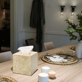 Natural Travertine Square Cube Tissue Box Holder,Marble Tissue Box Holder Cover with Open Bottom for Bathroom Vanity Tops, Bedroom Dressers, Kitchen Countertop, Travertine Beige(NS042)
