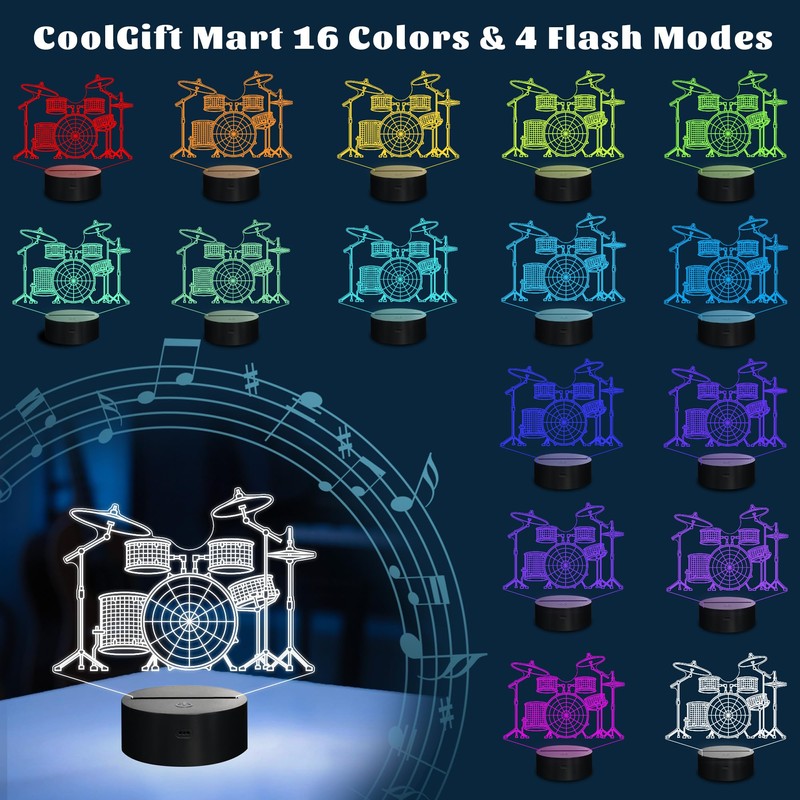 CoolGift Mart Drum Kit Night Light, 3D LED Optical Illusion