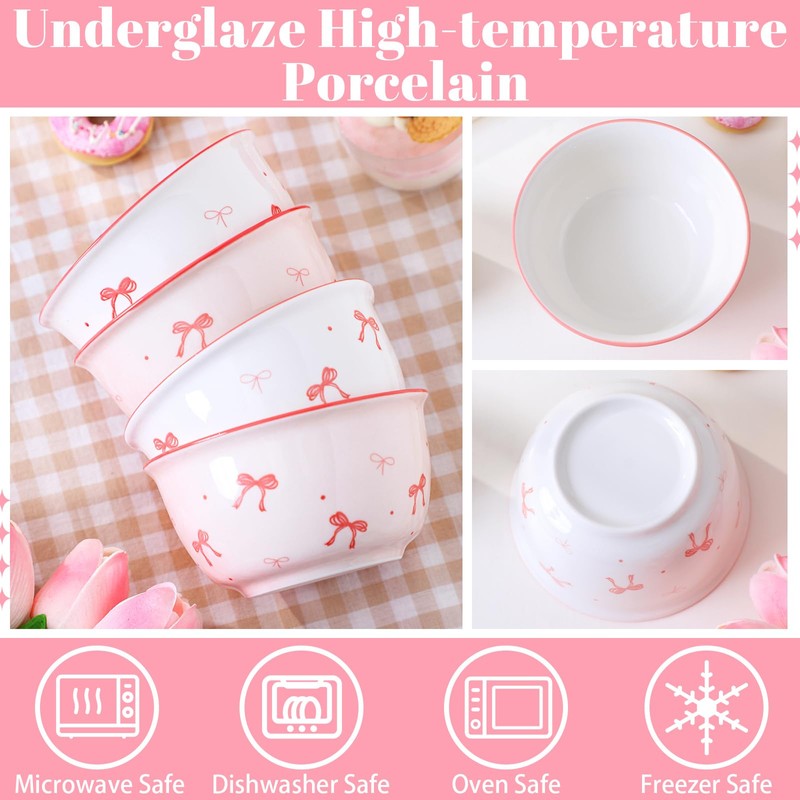 Maxdot 10 oz Pink Bow Ceramic Bowls Set of 4