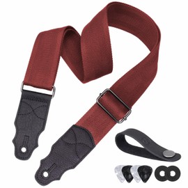 YIKOKO Guitar Strap, Head Layer Cowhide Leather End, 2 Inches Wide, for Acoustic and Bass Electric Guitars, Free Button, 2 Strap Locks and 4 Guitar Picks