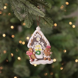 Northlight Glittered Gingerbread House with Snowman Couple Christmas Ornament, 5", Brown