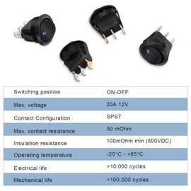 Pack of 10 Rocker Switches 12 V DC 20 A, Hanibos Rocker Switch 12 V Illuminated Round with 5 LED Colour Car Lockable with Self-Locking Round Switch for Car, Boat, Household Appliances