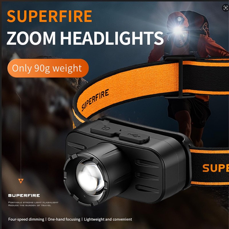 SuperFire Rechargeable Headlamp，Zoom Lightweight Head Lamp,LED Headlamp Rechargeable,Head Flashlight for