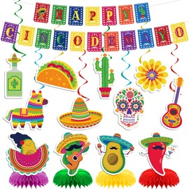 FodeMoraka Cinco de Mayo Party Decorations - 14 Pcs Happy Mexican Fiesta Supplies Favors Pre-strung Banner Hanging Swirls Honeycomb Centerpieces Wall Ceiling Decor Set for Office Home Indoor Outdoor