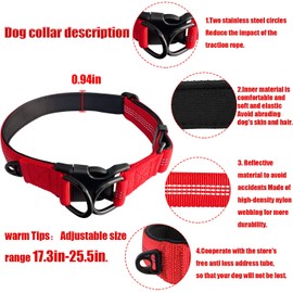 Mauts Reflective Dog Collars and Lead Set Adjustable dual D breathable collar with soft rubber pad for added comfortfor Large Medium Small Dogs (3 Pcs) (Red, Large)