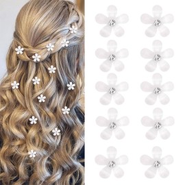 Mezrkuwr 10 Pieces White Mini Flower Hair Clips with Rhinestones, Cute Hair Clips, Flower Hair Pins, Decorative Hair Clips, Wedding Hair Clips, Flower Hair Accessories