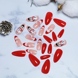 Christmas Press on Nails Almond False Nails Full Cover Nude Cute Snowmen French Tip Xmas Stick on Nails Winter Artificial Fake Nails with Glue Medium Length Acrylic Nails for Women - 24Pcs