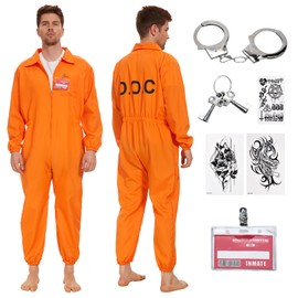 JONRRYIN Men's Convict Costume, Prisoner Costume, Orange, Prisoner Costume with Name Plate and Handcuffs, Prisoner Jumpsuit Costume for Adults, Cosplay, Carnival (M)