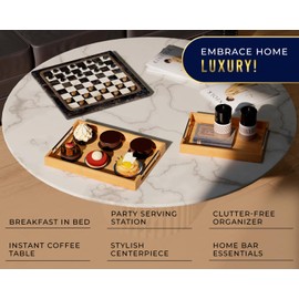 Comfify Decorative Bamboo Serving Trays with Silver Stainless Steel Handles – 2-Piece Set for Coffee Table, Ottoman, Breakfast in Bed, Jewelry & Decor Organization – 12"x17" – Pure Bamboo Finish