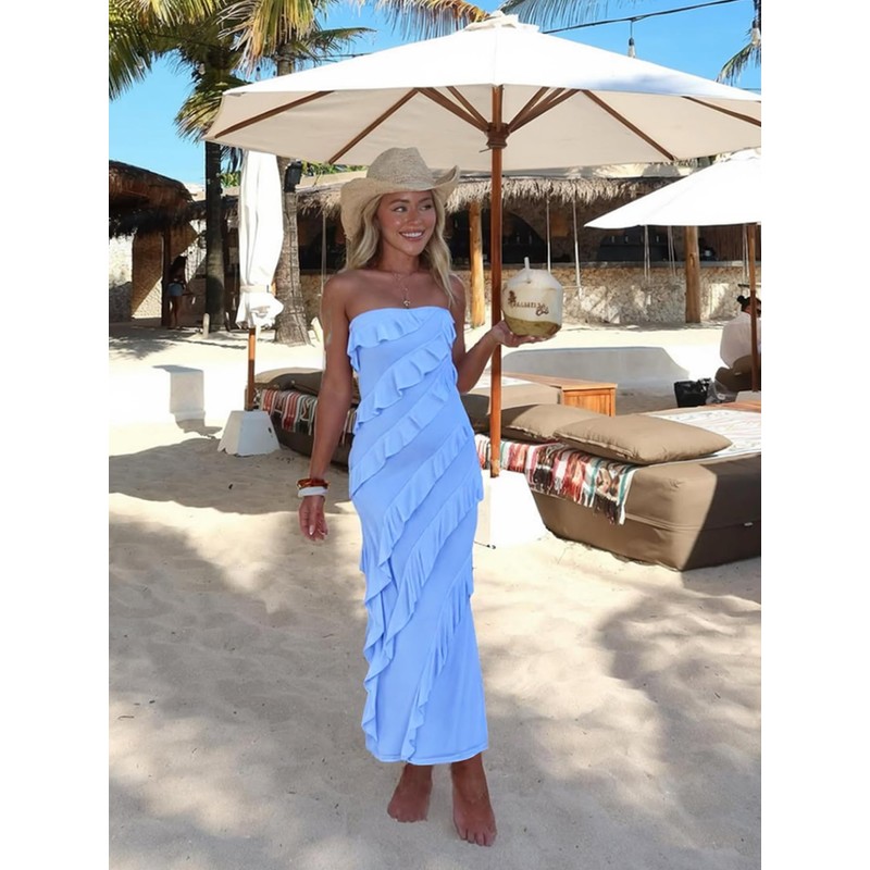 Muchpow Women's Summer Strapless Dress Sexy Tassel Ruffle Maxi Bodycon