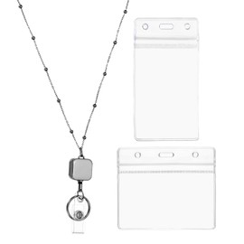PATIKIL Badge Necklace Lanyard with ID Holder,304 Stainless Steel Retractable Square Badge Reel Lanyard Clip Chain with 1 Set ID Holder for Woman Office ID Card Key,Black