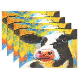 visesunny Oil Painting Cow Portrait Pattern Placemats Dining Table, Heat-Resistant Placemats, Anti-Skid Washable Table Mats, Kitchen Table Mats, Set of 4