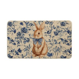 Artoid Mode Rabbit Bunny Blue Porcelain Flowers Bow Easter Doormat, Home Decor Low-Profile Switch Rug Door Mat Floor Mat for Indoor Outdoor 17x29 Inch