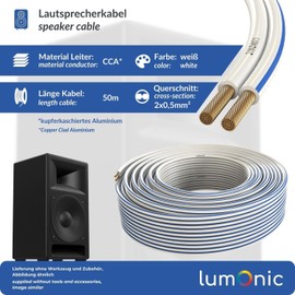 Lumonic Lautsprecherkabel | 50m Weiß | 2X 0,5mm² CCA | Blaue Markierung HiFi Boxenkabel | Audio Zwillingsleitung